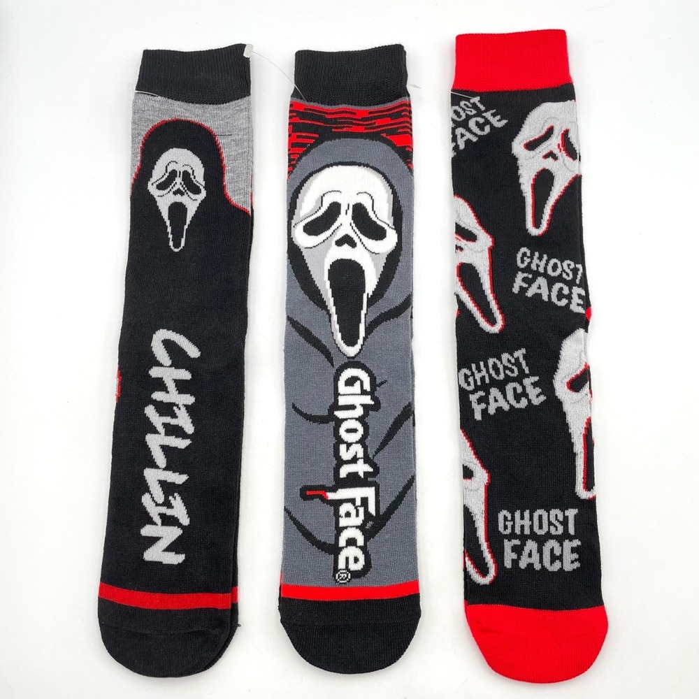 NEW Ghost Face Scream Crew Socks Lot 3 Pairs Fun World Horror Black Red Gray
